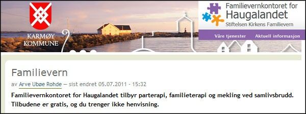 På kommunenes nettsider presenteres gjerne familieverntilbudet som livssynsnøytralt, som her på nettsidene til Karmøy kommune. Men i realiteten sendes folk til et kontor som eies av kirken (innfelt).