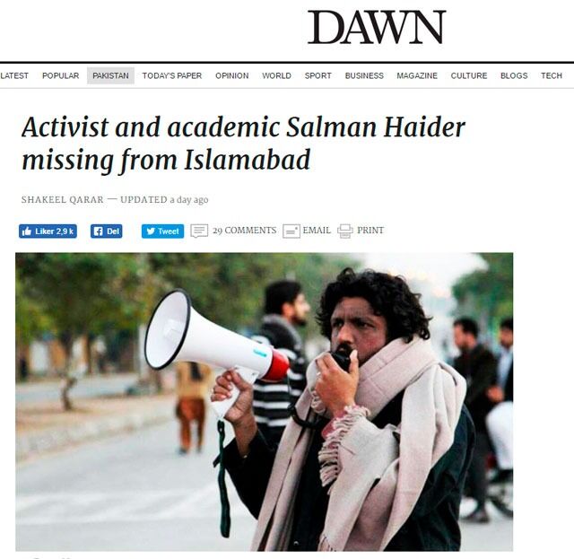 Forsvinningene er i ferd med å få medieoppmerksomhet i Pakistan. Her fra den ledende engelskspråklige avisa Dawn.