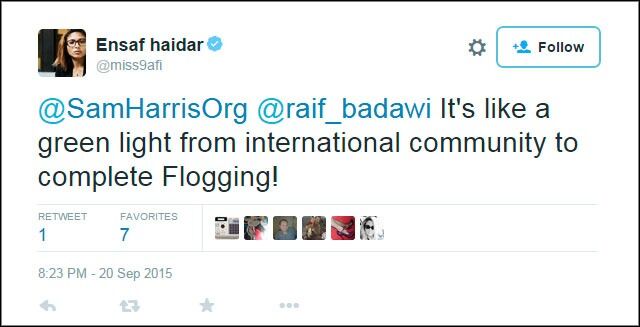 Raif Badawis kone, Ensaf Haidar, skriver på Twitter at oppnevningen er som om det internasjonale samfunnet gir Saudi-Arabia grønt lys til å fullføre de tusen piskeslagene han er dømt til.