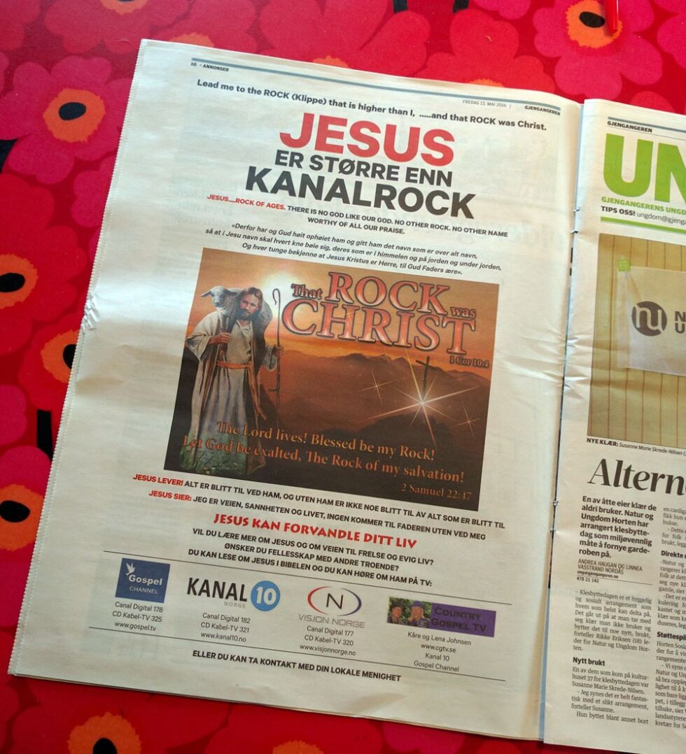 I dag 13. mai var annonsen «Jesus er større enn Kanalrock» nok en gang å se på trykk i Gjengangeren, lokalavisa i Horten.
 Foto: Even Gran