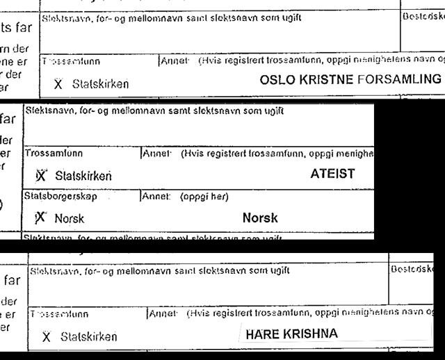 Tre eksempler på feilutfylte skjema fra Fødeavdelingen vi fikk tilsendt fra Kirketorget i Oslo i forbindelse med artikkelen vi skrev i 2014.