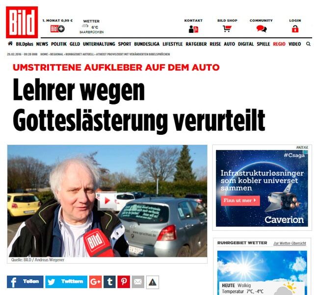 Saken begynner å få en del dekning i tysk presse. Her fra Bild Zeitung.