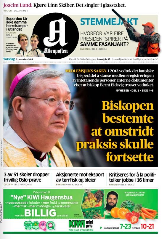 Medlemsjuksesaken i Oslo katolske bispedømme er forsideoppslag hos Aftenposten i dag.