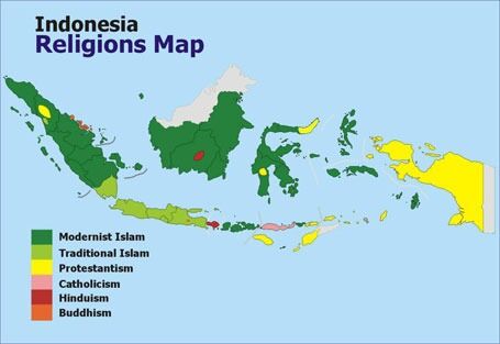 Ifølge loven finnes det bare seks religioner i Indonesia, og slik er fem av dem fordelt. Kartet er hentet fra Wikipedia.