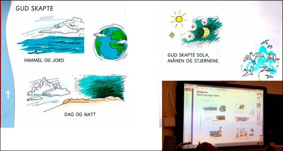 Fra læreboka Vi i verden, 1. trinn. Innfelt nederst til høyre: Bilde fra klasserommet i Tønsberg.
