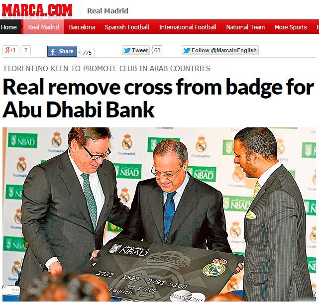 Florentino Pérez, president i Real Madrid, lanserte det nye bankkortet til National Bank of Abu Dhabi (NBAD) i september i fjor. Den spanske fotballavisen Marca mener klubben ofrer deler av sin identitet i jakten på nye fans.