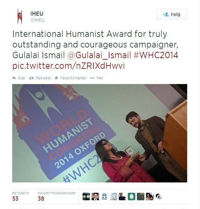 Den internationale humanistunionen IHEU twitret fra pristildelingen.