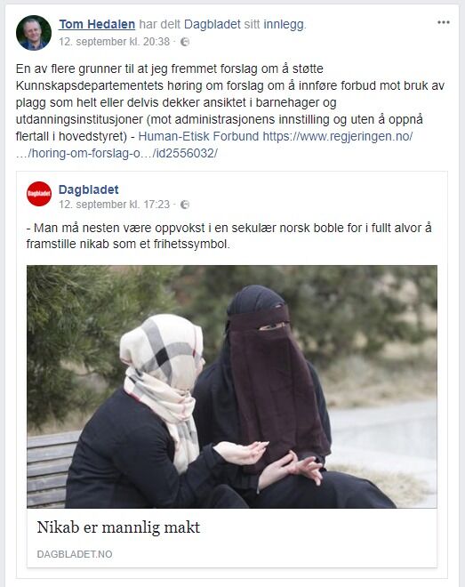 Styreleder Tom Hedalen markerte på Facebook sin uenighet med vedtaket Hovedstyre landet på i saken om nasjonalt niqab-forbud.
 Foto: faksimile fra Facebook
