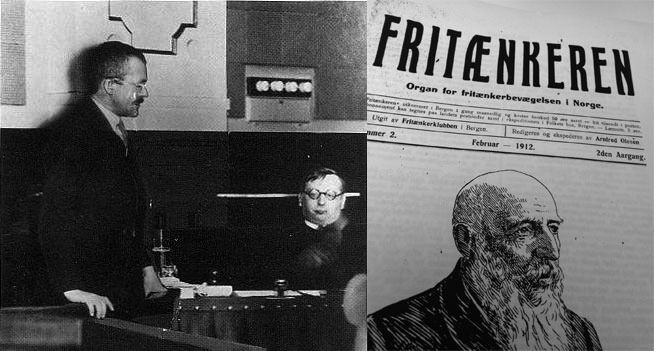 Arnulf Øverland (til venstre) var den siste som ble tiltalt for blasfemi, i 1933, men ble frikjent. Bladet Fritænkeren, ved redaktør Arnfred Olesen, var den siste som ble dømt for blasfemi, i 1912.