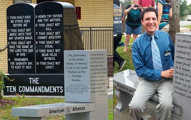 Utenfor tinghuset i Bradford County, Florida, står det i dag to monumenter. Et kristent, og ett ateistisk. Til høyre: President i American Atheists, David Silverman.