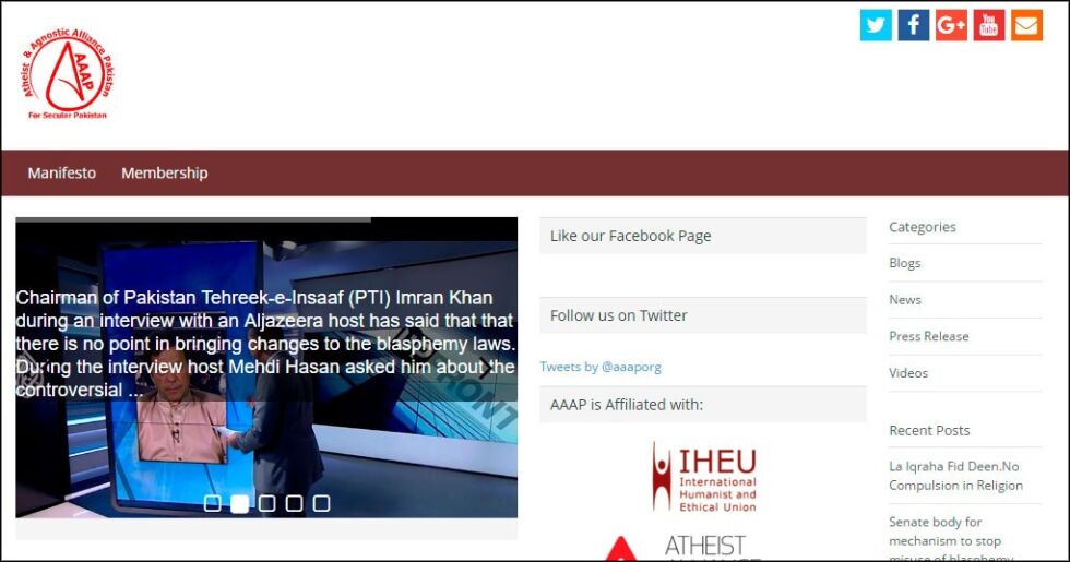 Slik så toppen på nettsida til «Atheist & Agnostic Alliance Pakistan» ut i oktober i fjor, før den ble tatt ned.