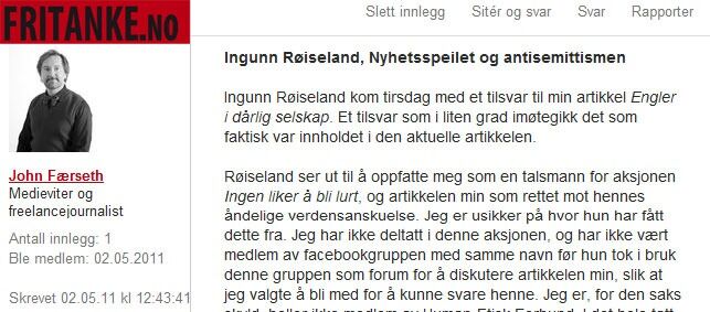 John Færseth svarer Ingunn Røiseland på Fritanke.no