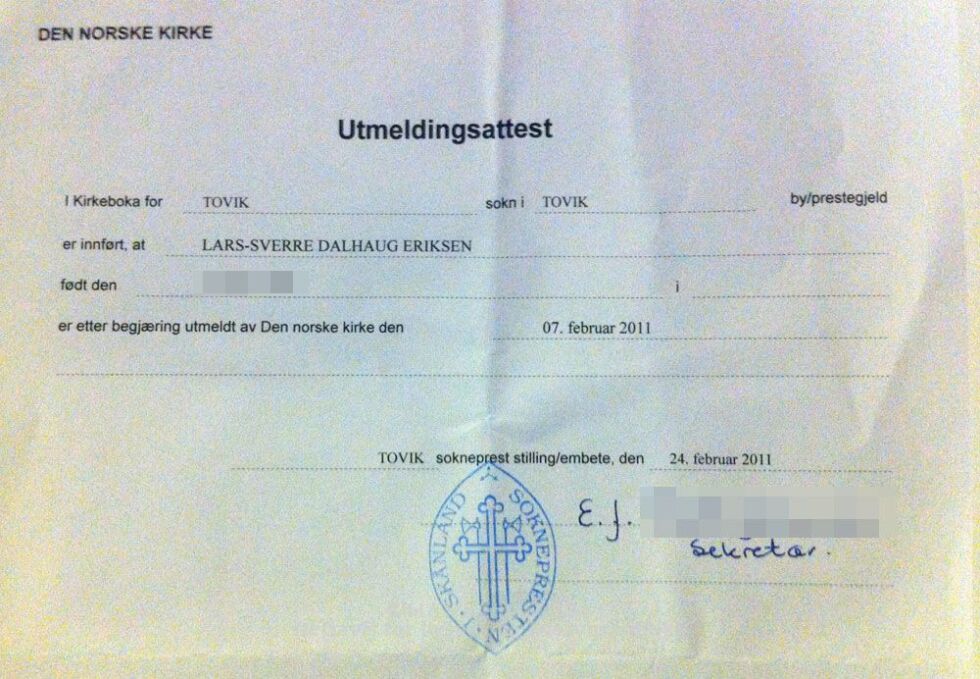 Denne attesten fikk Lars-Sverre Dalhaug Eriksen den 7. februar 2011. To år senere stod han fortsatt oppført som medlem i kirken.