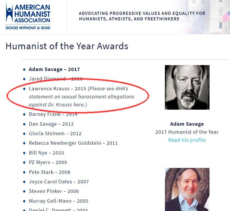 American Humanist Association har lagt inn en lenke til beskyldingene i lista over personer som har mottatt "Humanist of the year"-prisen.