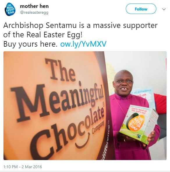 Erkebiskopen av York, Dr. John Sentamu, er en av de største tilhengerne til «The Real Easter Egg». Se innlegget på Twitter.