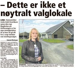Linda Dahl Henriksen synes offentlige valg bør foregå i nøytrale lokaler. Faksimile fra Oppland Arbeiderblad i dag.