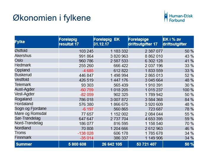 Oversikt over den økonomiske situasjonen i HEFs fylkeslag 2017.