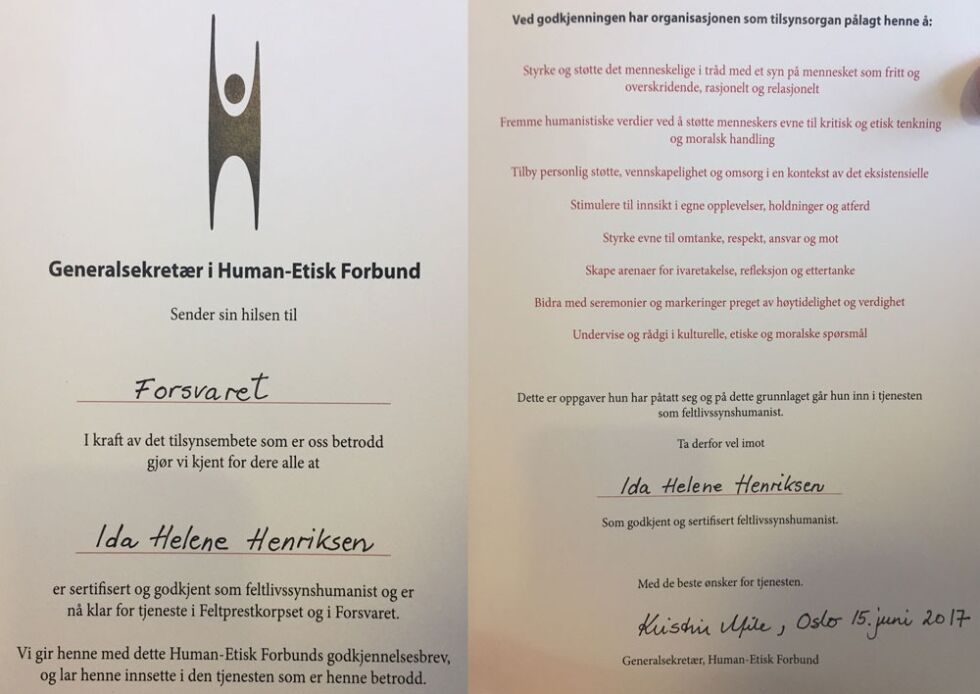 Sertifiseringsbrevet fra Human-Etisk Forbund der Ida Helene Henriksen godkjennes som feltlivssynshumanist i Forsvaret.