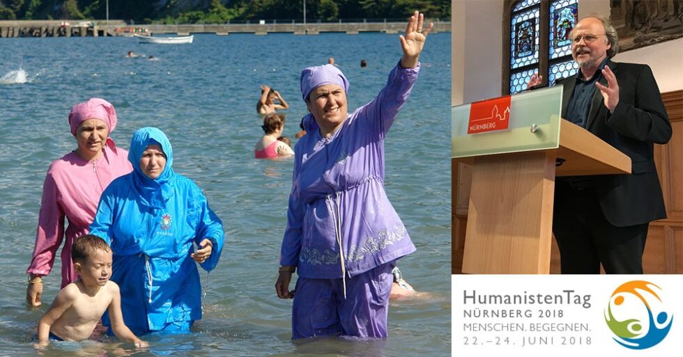 Symbolske forbud, for eksempel mot burkini på stranda, har ingen effekt på terror og  bryter ned liberale borgerrettigheter, mener Heiner Bielefeld (til høyre).
 Foto: Flickr@Charles Roffey + Even Gran