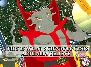 Slik framstiller animasjonsserien South Park den onde intergalaktiske herskeren Xenu, som scientologene mener hjernevasket oss mennesker for 75 millioner år siden. Se hele South Park-episoden her.