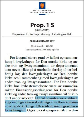 Kulturdepartementet varsler i Statsbudsjettet (s. 121) at de vil vurdere gravferdsordningen på nytt i forbindelse med den nye rammeloven for Den norske kirke og de andre tros- og livssynsamfunnene som de jobber med.