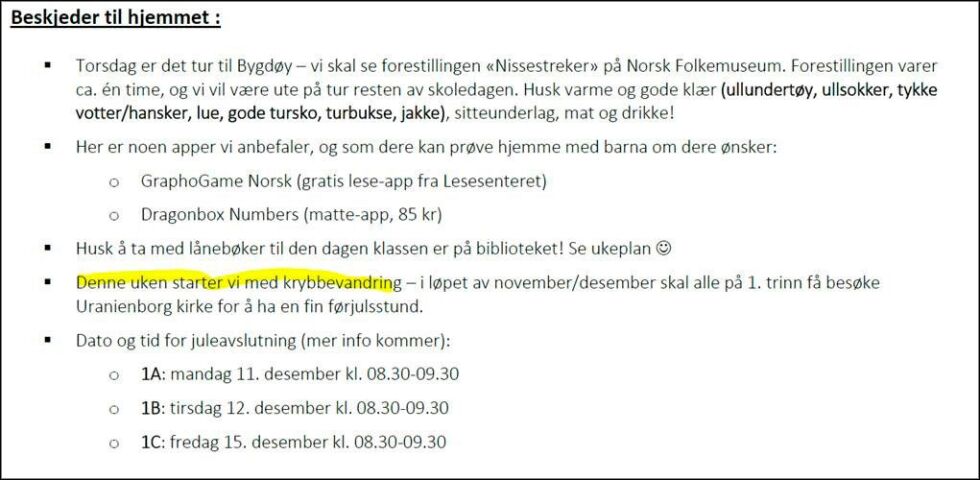 Her er informasjonen som ble sendt ut til foreldrene på 1. trinn på Uranienborg skole i år.