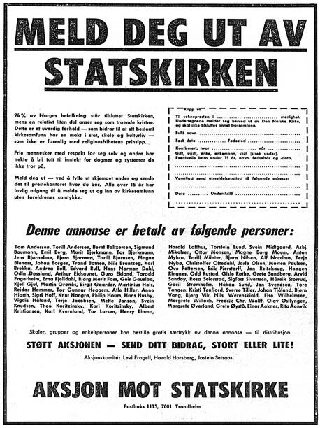 Dette er annonsen som Levi Fragell og "Aksjon mot statskirke" rykket inn i en rekke aviser på 70-tallet.