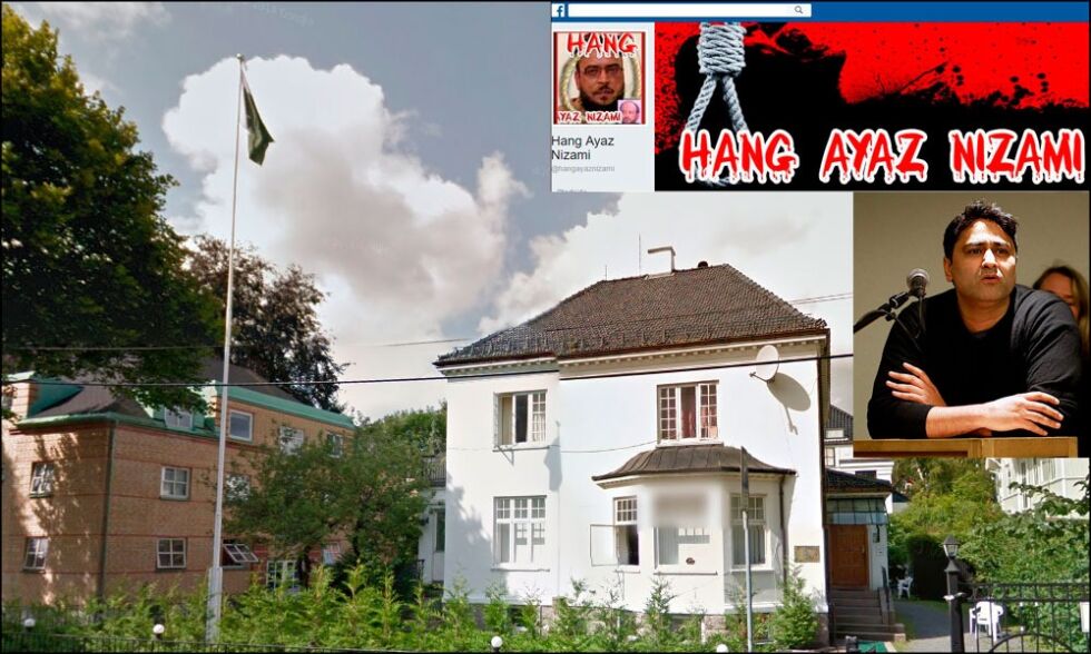 I morgen blir det demonstrasjon utenfor Pakistans ambassade i Eckersbergs gate i Oslo. Shakeel Rehman (innfelt) fra Senter for sekulær integrering (SSI) står bak sammen med Cemal Knudsen Yusel fra Ex-muslims of Norway.
 Foto: Google street view
