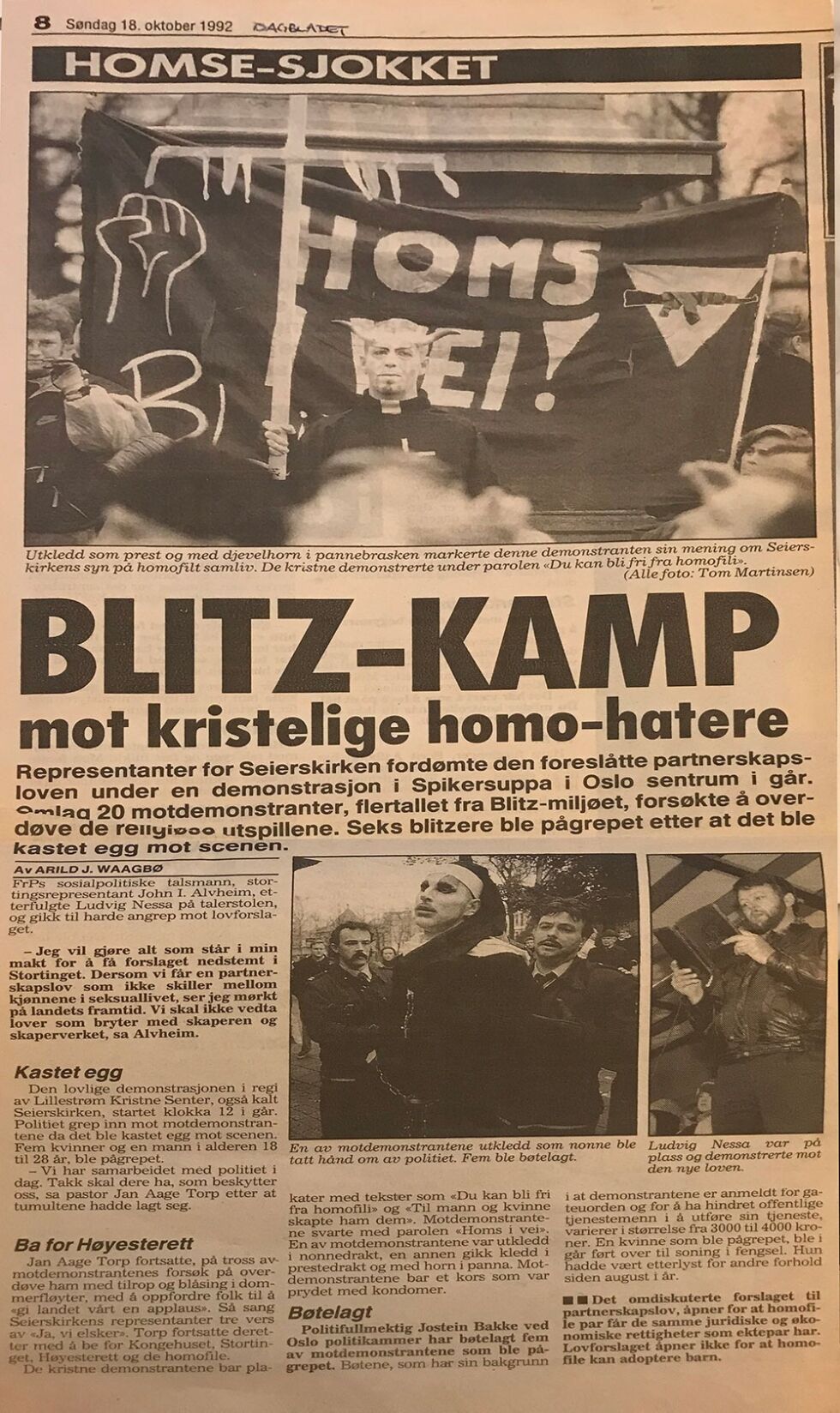 Oppslag i Dagbladet fra demonstrasjonen i 1992.