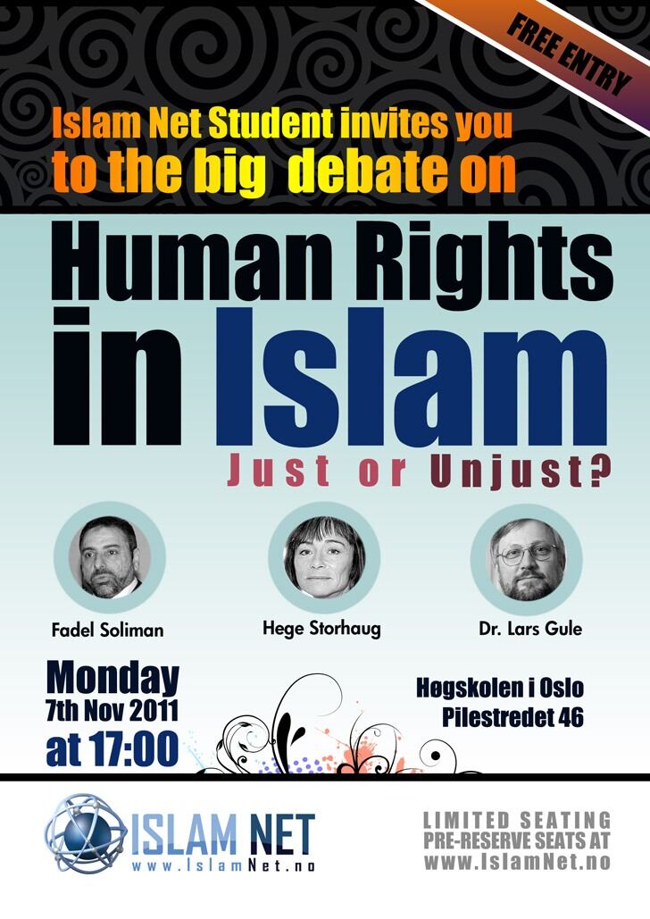Debattmøtet mandag skal etter planen handle om menneskerettigheter i islam.