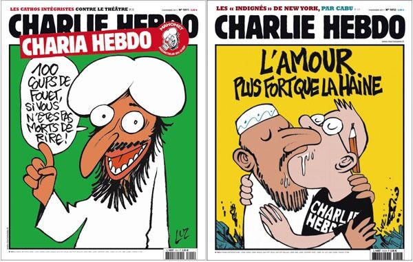 To av Charlie Hebdos mest omtalte forsider. Teksten på forsiden til venstre, som ble publisert rett før bomben i redaksjonslokalene i 2011, sier «Hundre piskeslag hvis du ikke dør av latter». Tegningen til høyre ble publisert uken etter, som et svar på angrepet. Der står det «Kjærlighet er sterkere enn hat».