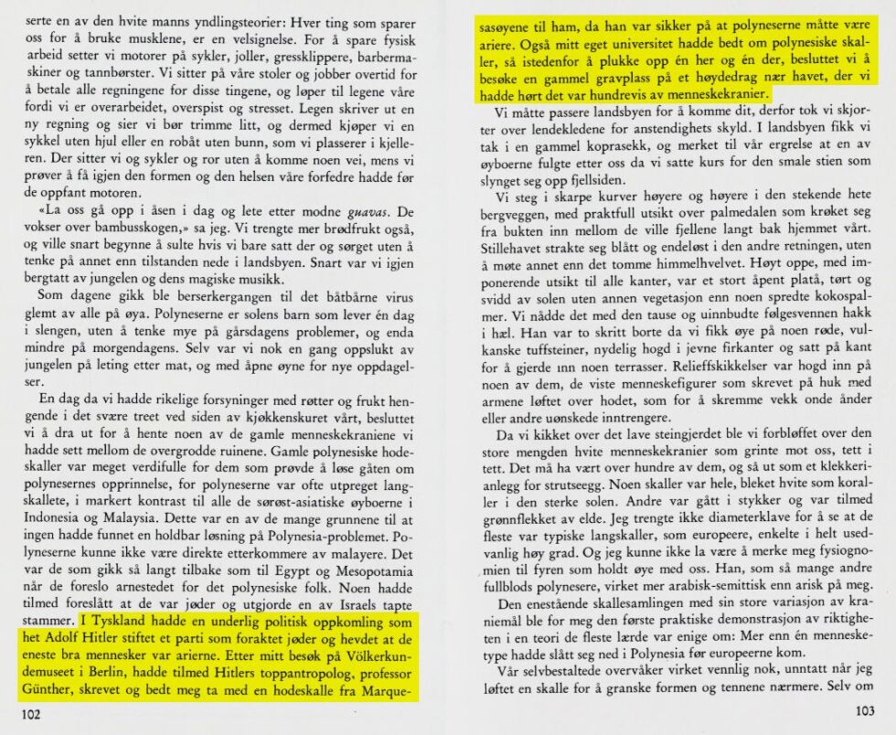«En underlig politisk oppkomling som het Adolf Hitler». I det gule feltet forteller Thor Heyerdahl selv om kontakten med Hitlers raseideolog Hans Günther i boken «Fatu Hiva - Tilbake til naturen» fra 1974.