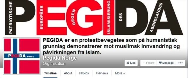 Med store norske flagg marsjerte rundt 190 mennesker mot islam og muslimsk innvandring i Oslo mandag kveld. Slik presenterer Pegida Norge seg på Facebook.
 Foto: faksimile fra internett