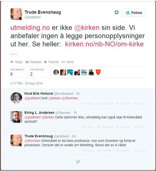 Kommunikasjonssjef i Den norske kirke, Trude Evenshaug, gjør det klart på twitter at Den norske kirke ikke godtar utmeldinger fra Utmelding.no.
 Foto: faksimile fra internett