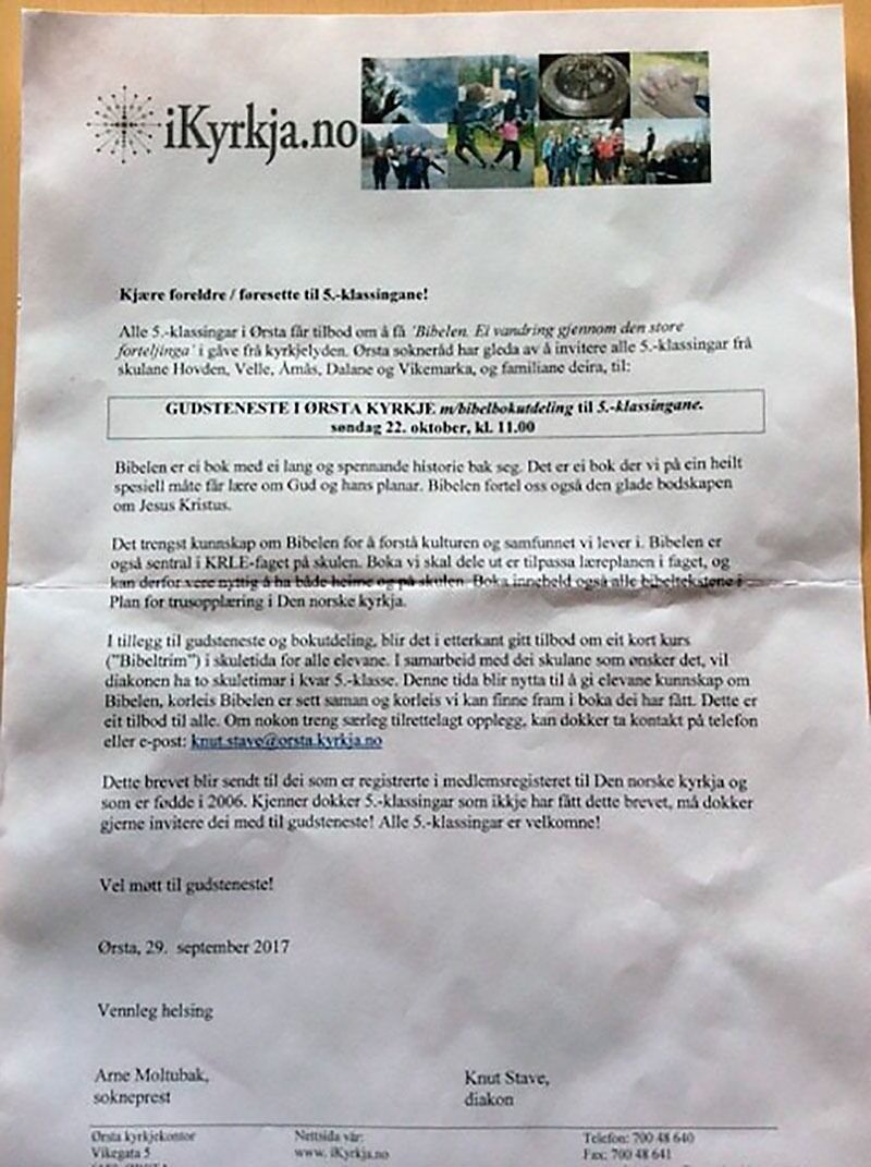 Her er brevet kirken i Ørsta sendte ut til foresatte til alle 5. klassinger som er medlem i Den norske kirke.