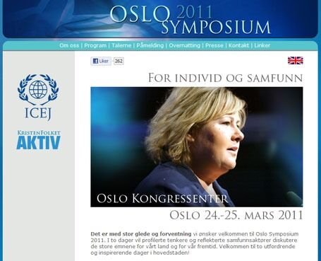 Høyre-leder Erna Solberg er en av innlederne Oslo Symposium reklamerer med.