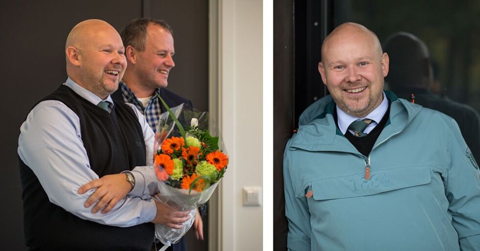 HEFs nye generalsekretær Trond Enger besøkte hovedstyret i dag og fikk blomster av styreleder Tom Hedalen (i bakgrunnen til venstre).
 Foto: Arnfinn Pettersen