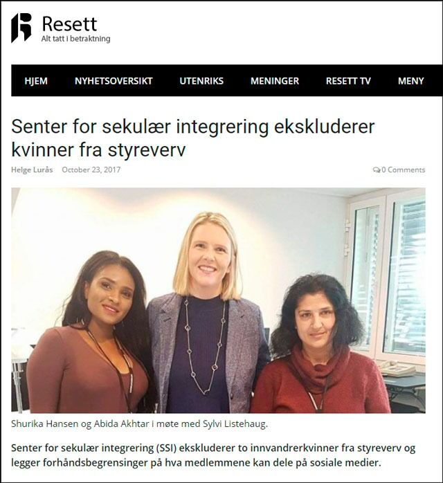 Helge Lurås fra Resett.no skriver at SSI «ekskluderer kvinner fra styreverv». – Helt feil, sier Shakeel Rehman. 

– De er i praksis ekskludert fra å sitte i styret så lenge de skriver for Resett, kommenterer Lurås til Fritanke.no.