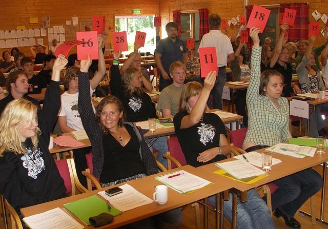 Delegatene på Humanistisk Ungdoms stiftelsesmøte for fem år siden stemmer over hvilket navn organisasjonen skal ha.
 Foto: Even Gran