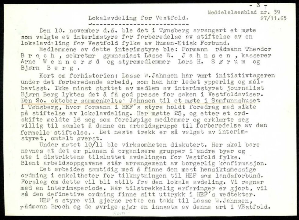 Informasjon om planene om et fylkeslag i Vestfold, slik det er beskrevet i Human-Etisk Forbunds meddelelsesblad nr. 39, 27.11.1965.