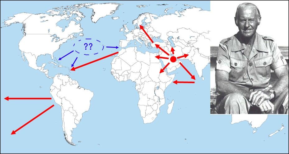Kartet er et forsøk på å sammenfatte Thor Heyerdahls store teori om verdens sivilisasjonsspredning. Den holdt han fast på til sin død, tross alle motargumenter. Den blå sirkelen indikerer den sunkne byen Atlantis, som Heyerdahl antyder at all sivilisasjon kan ha kommet fra.
 Foto: Ill: Fritanke.no