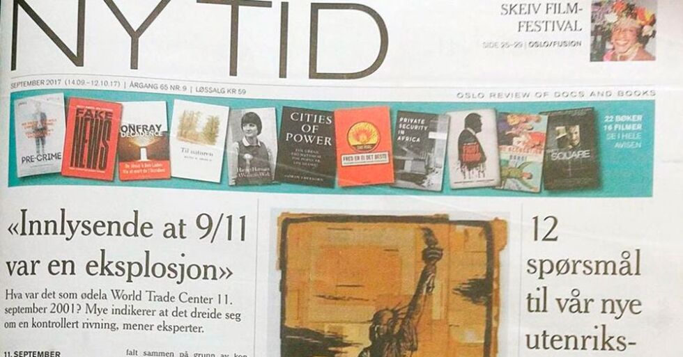 Siste utgave av månedsavisa Ny Tid inneholder konspirasjonsteori-artikler om blant annet 11. september og Barcelona-terroren tidligere i år.
 Foto: John Færseth