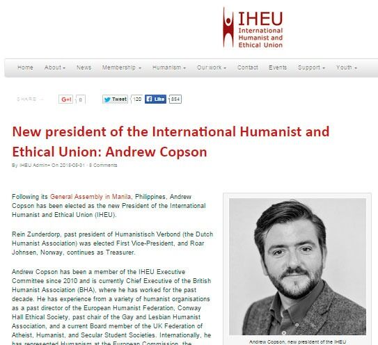 Andrew Copson fra Storbritannia ble valgt til president i IHEU i mai. Han er også generalsekretær i British Humanist Association (BHA). Nå skal han og Carl Blackburn jobbe sammen på IHEUs og BHAs felles kontor i London.