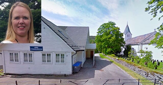 Arnas skolebarn er hjertelige velkomne til menighetshuset i Arna og Arna kirke (til høyre). – Vi hjelper til innenfor rammene i KRLE-faget. Der er det ikke tillatt med forkynnelse, sier Cathrine Snipsøyr (innfelt).
 Foto: Google street view
