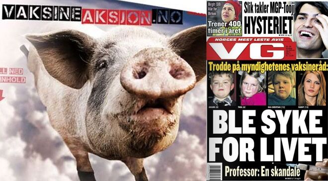 Dagens forside på VG (til høyre) fokuserer på de 35 som trolig har fått narkolepsi som et resultat av svineinfluensavaksinen Pandemrix. Til venstre: Faksimile fra annonsen til antivaksineaksjonen fra 2009.