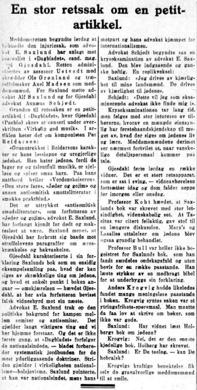 Edvard Saxlund fant seg ikke i at boka hans skulle kalles "antisemittisk smusslitteratur". Faksimile fra Aftenposten 25. juni 1923.