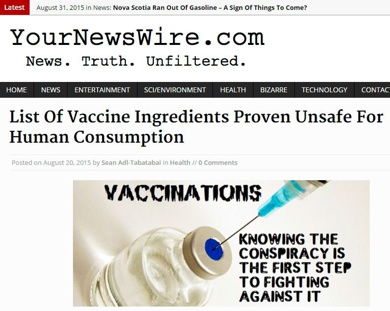 Eksempel på hvordan konspirasjonstenkning og vaksinemotstand henger sammen. Skjermdump fra nettstedet Yournewswire.com.