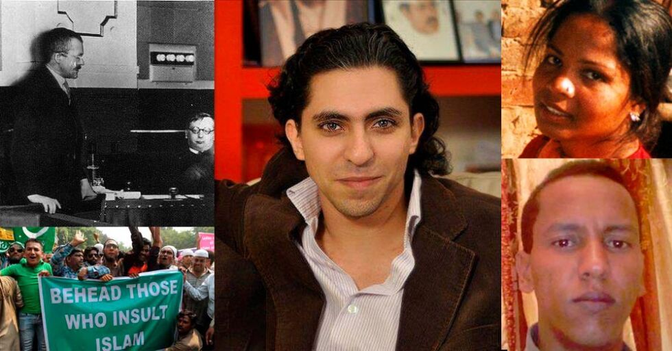 Arnulf Øverland, Raif Badawi, Asia Bibi og Mohamed Cheikh Ould Mohamed Mkhaitir er alle blitt tiltalt etter blasfemiparagrafer. De to sistnevnte er dømt til døden.