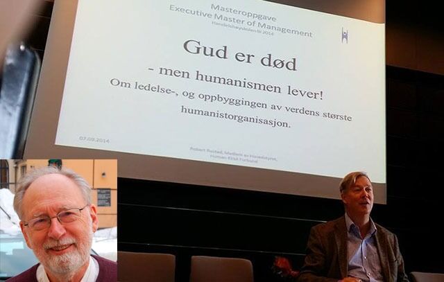 Robert Rustad (t.h.) mener lederskapet til Levi Fragell (innfelt til venstre) har vært avgjørende for at Human-Etisk Forbund i dag er verdens største humanistorganisasjon.