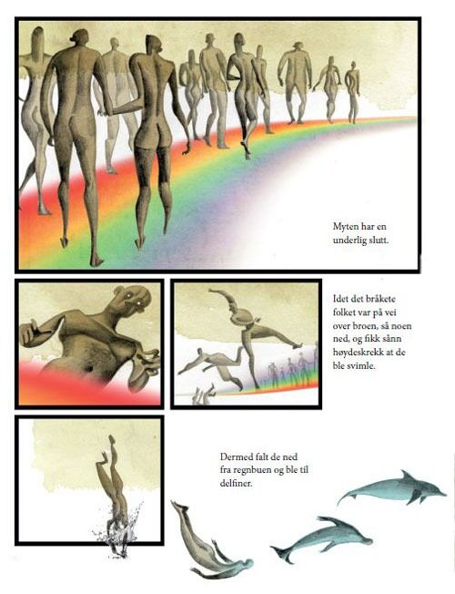 I Den magiske virkeligheten tar Dawkins ofte utgangspunkt i menneskenes fantasifulle mytiske forklaring på naturfenomen – som for eksempel regnbuen – for deretter å forklare den ofte enda mer fantastiske sannheten om fenomenet som vitenskapen har avdekket i moderne tid. (Faksimile fra boka)